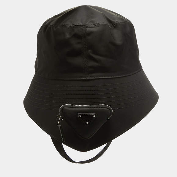 Prada Black Re-Nylon Triangle Logo Detail String Bucket Hat XL - Picture 3 of 8